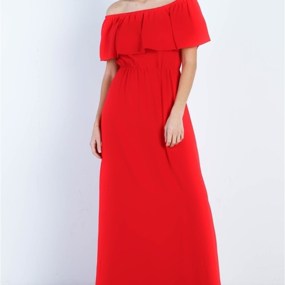 Off Shoulder Ruffle Maxi Dress RED - Picture 2 of 5